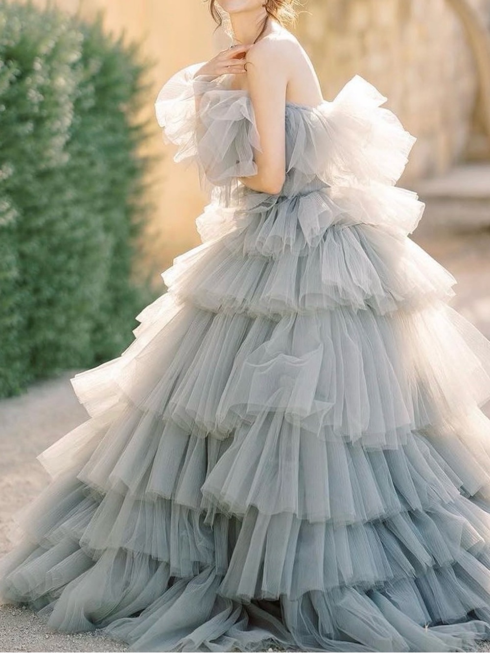 Elegant tiered Strapless Tulle wedding or ball Gown Light Gray blue Photo shoot